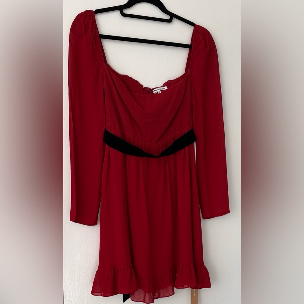 REFORMATION Red Long Sleeve Mini Dress with Black Waist belt